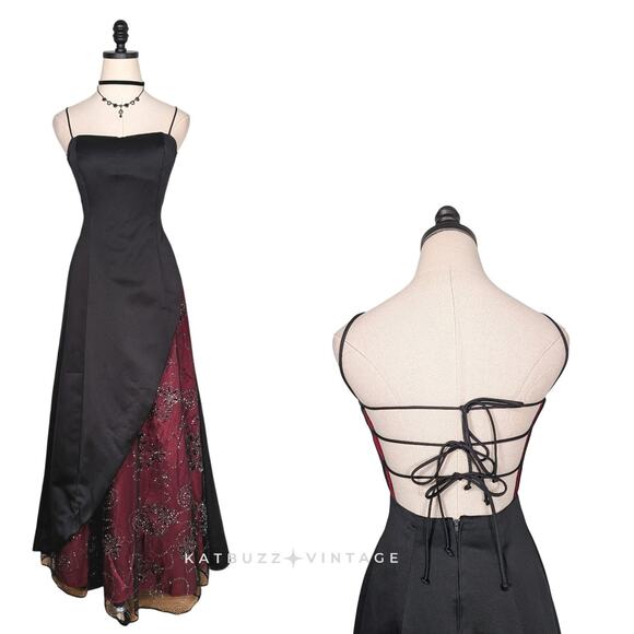 Vintage Prom Dress Maxi Ballgown M Red 90S Goth Princess Corset Floral Fairytale - Picture 1 of 11